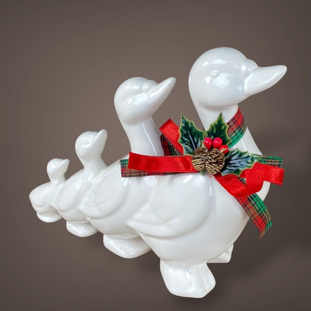 White Ceramic Ducks Geese in a Row Figurine 8" Christmas Ribbon Decor 1980s 90s